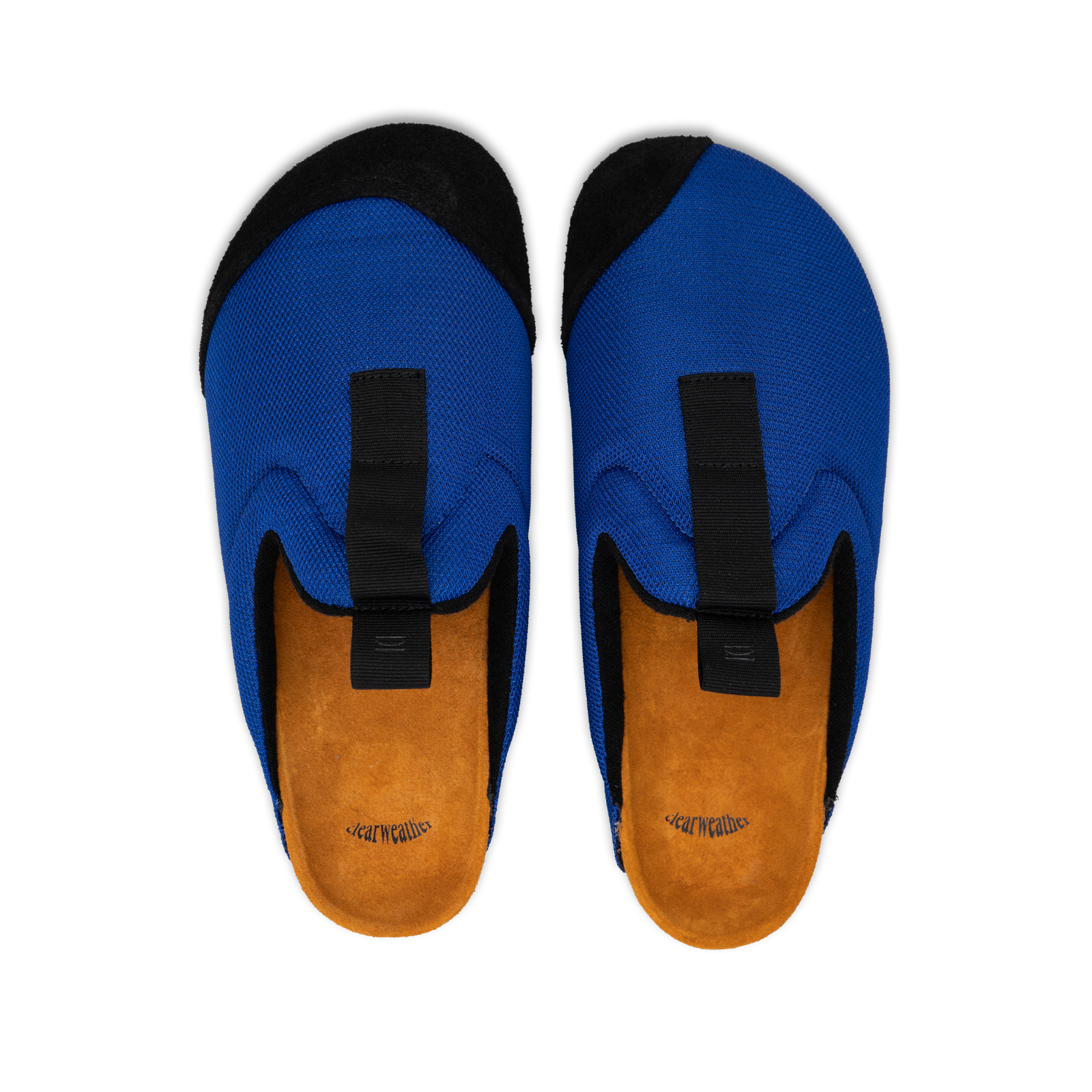 top view Bantha 2.0 Royal is a Mule made of Royal Blue mesh with a Black hairy suede to overlay, cork midsole with suede top lining Black VIbram rubber bottom and woven top pull