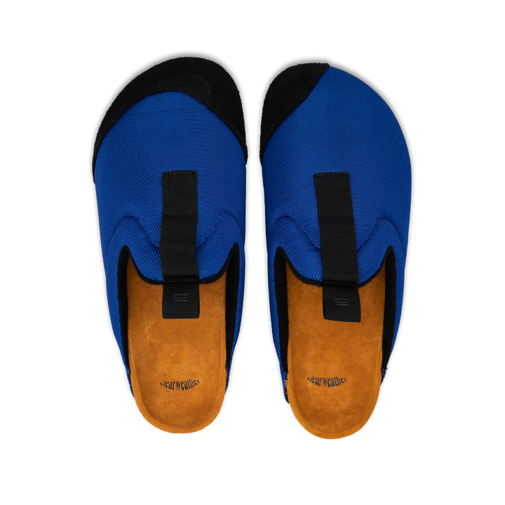 top view Bantha 2.0 Royal is a Mule made of Royal Blue mesh with a Black hairy suede to overlay, cork midsole with suede top lining Black VIbram rubber bottom and woven top pull