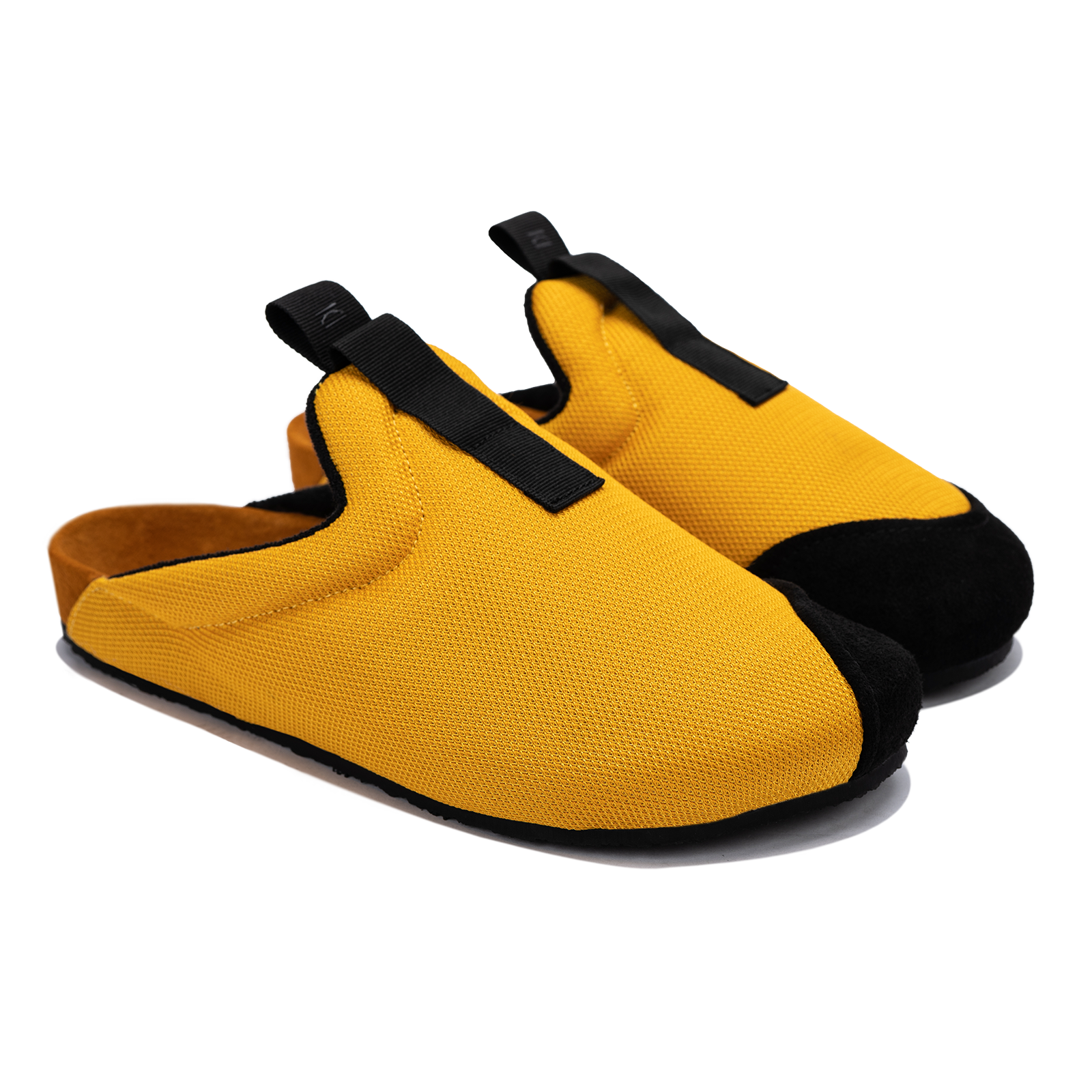 Other 3/4 view Bantha 2.0 Yellow is a Mule made of Yellow mesh with a Black hairy suede to overlay, cork midsole with suede top lining Black VIbram rubber bottom and woven top pull