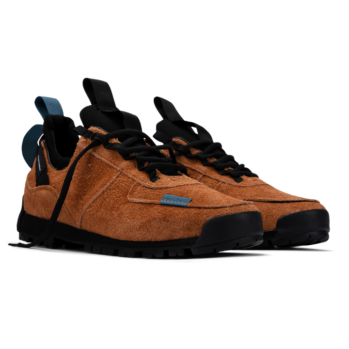 3/4 view / Approach / Auburn color features tabaco colored hairy suede upper, gross grain webbing for laces. helastic heel detail, stretch mesh internal bootie, vintrage vibram hiking outsole and eva midsole. 