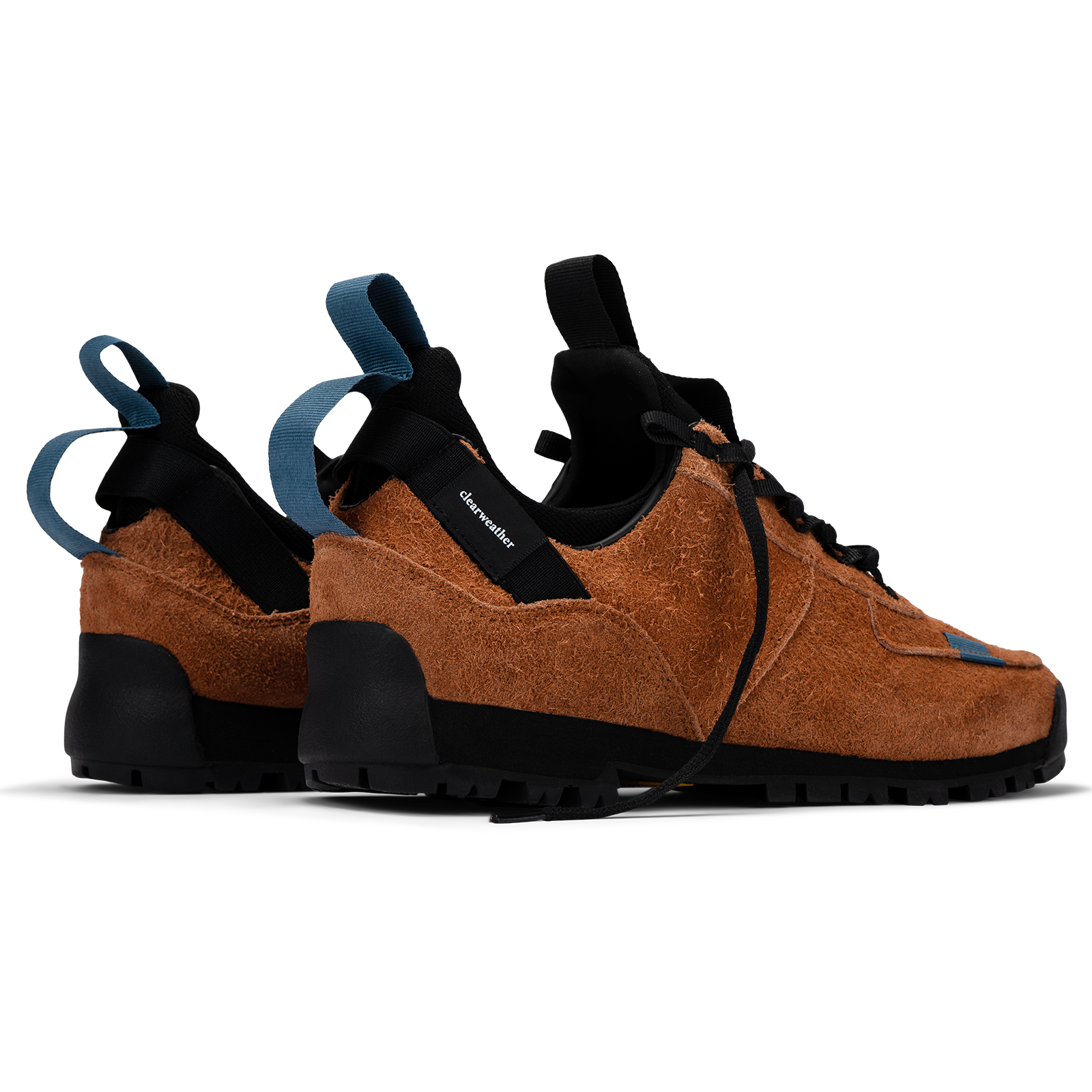 back 3/4 view  / Approach / Auburn color features tabaco colored hairy suede upper, gross grain webbing for laces. helastic heel detail, stretch mesh internal bootie, vintrage vibram hiking outsole and eva midsole. 