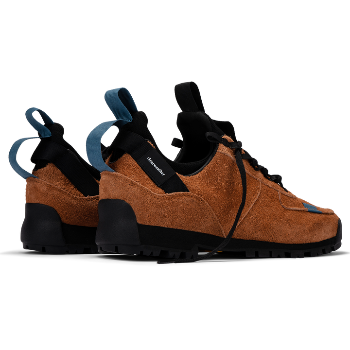back 3/4 view  / Approach / Auburn color features tabaco colored hairy suede upper, gross grain webbing for laces. helastic heel detail, stretch mesh internal bootie, vintrage vibram hiking outsole and eva midsole. 