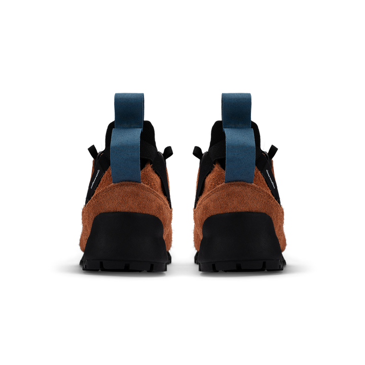 back view  / Approach / Auburn color features tabaco colored hairy suede upper, gross grain webbing for laces. helastic heel detail, stretch mesh internal bootie, vintrage vibram hiking outsole and eva midsole. 