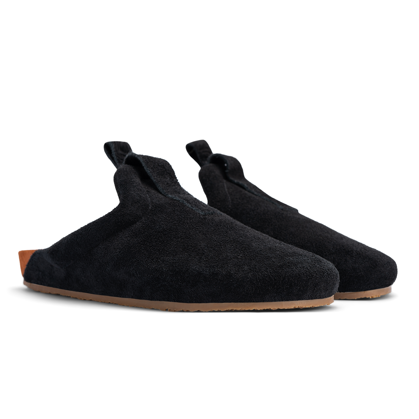 3/4 view Bantha Black suede upper, cork midsole wrapped in soft suede, Vibram sheet gum rubber outsole
