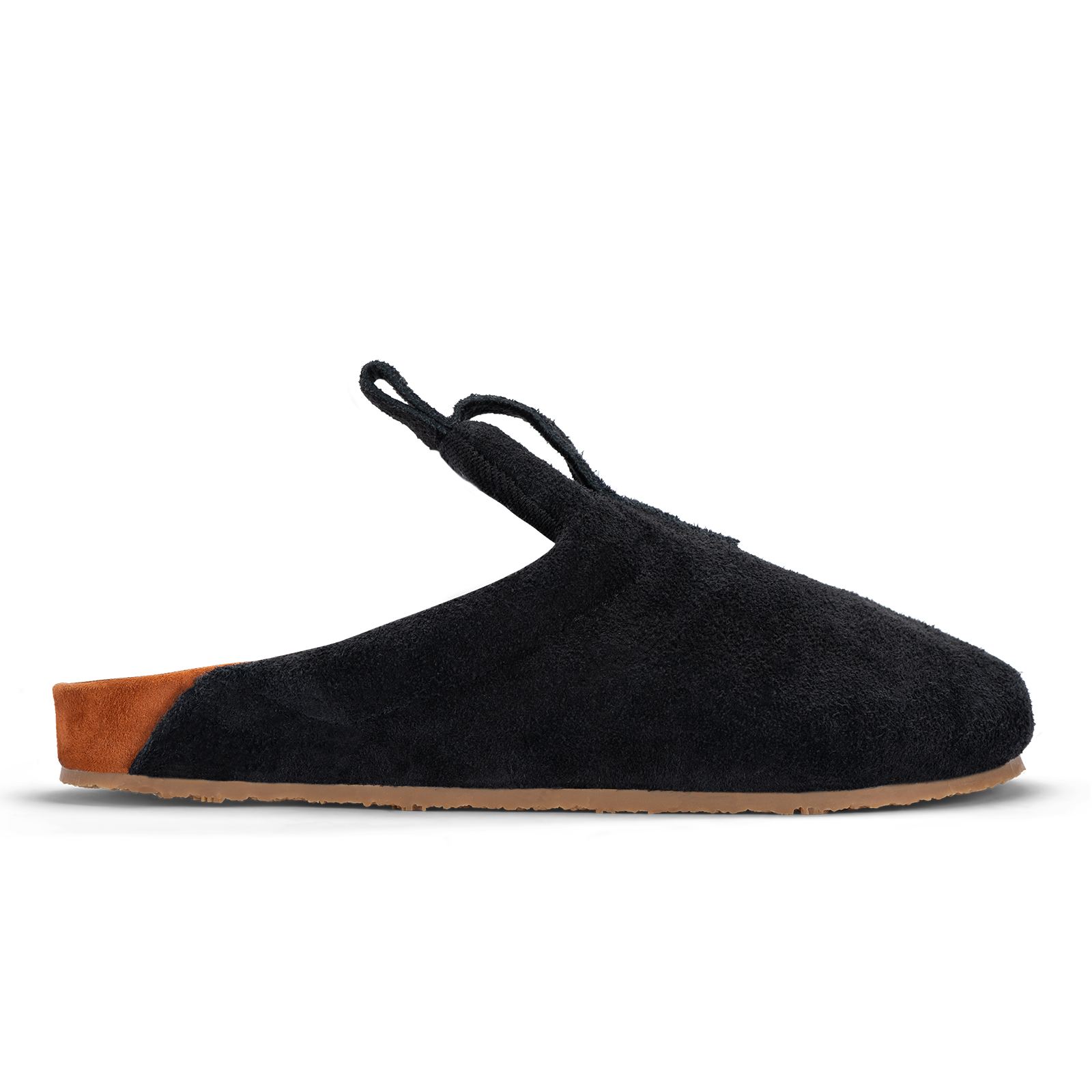 profile view Bantha Black suede upper, cork midsole wrapped in soft suede, Vibram sheet gum rubber outsole
