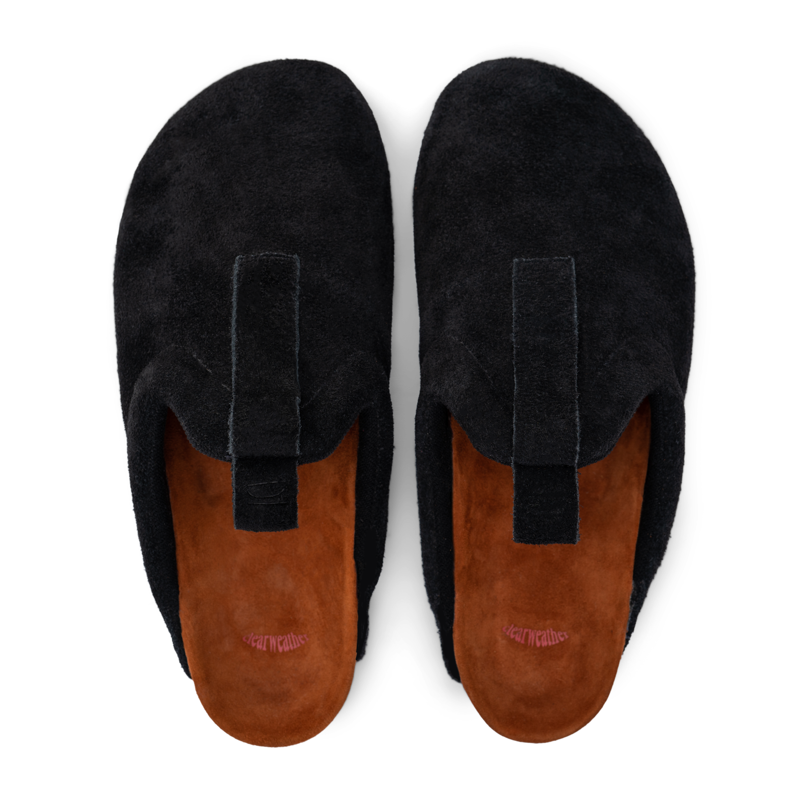 top view Bantha Black suede upper, cork midsole wrapped in soft suede, Vibram sheet gum rubber outsole red clearweather logo