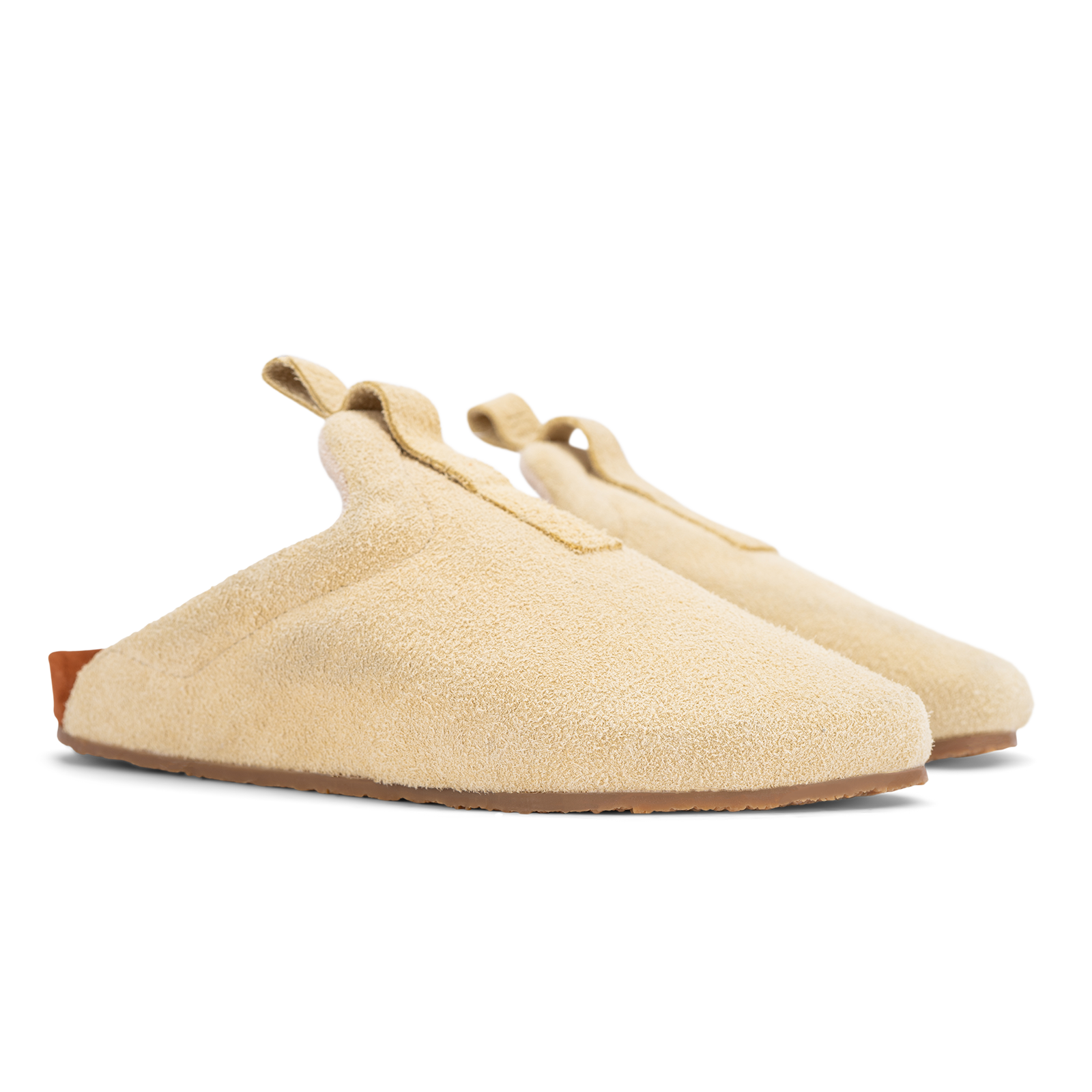 3/4 view beige suede upper, cork midsole wrapped in soft suede, Vibram sheet gum rubber outsole