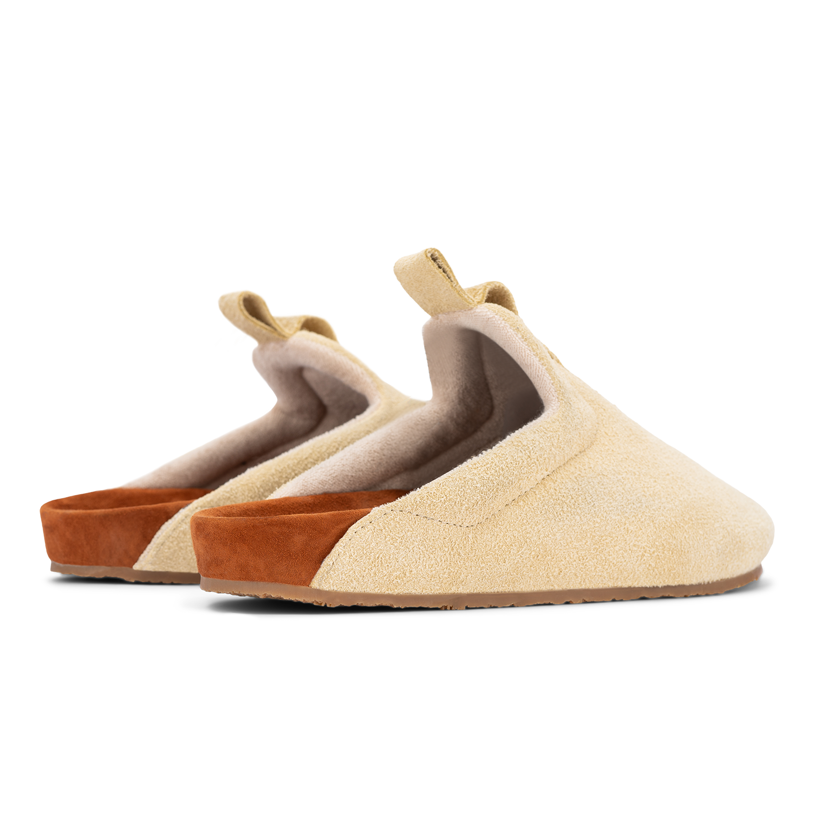 back 3/4 view beige suede upper, cork midsole wrapped in soft suede, Vibram sheet gum rubber outsole