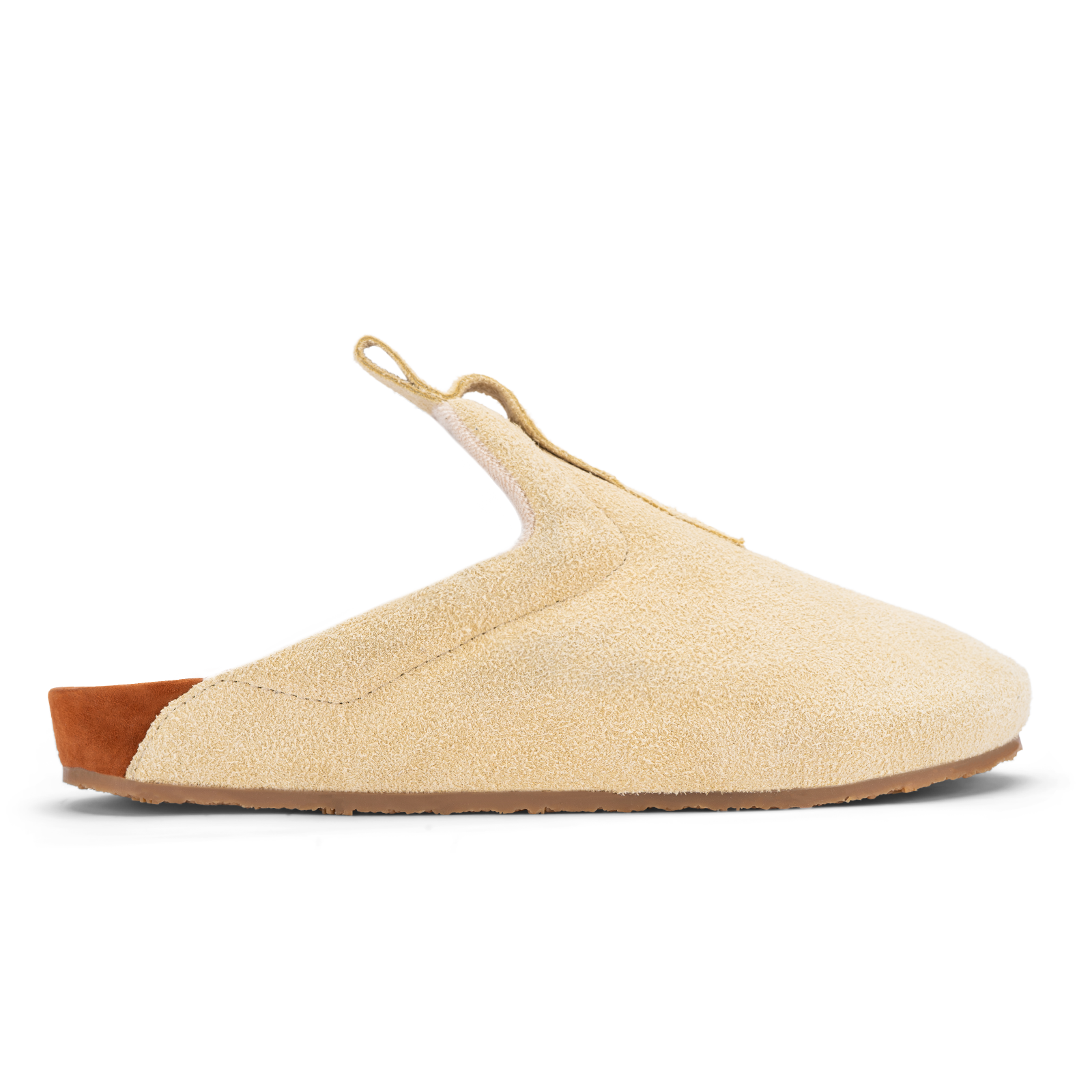 profile view beige suede upper, cork midsole wrapped in soft suede, Vibram sheet gum rubber outsole