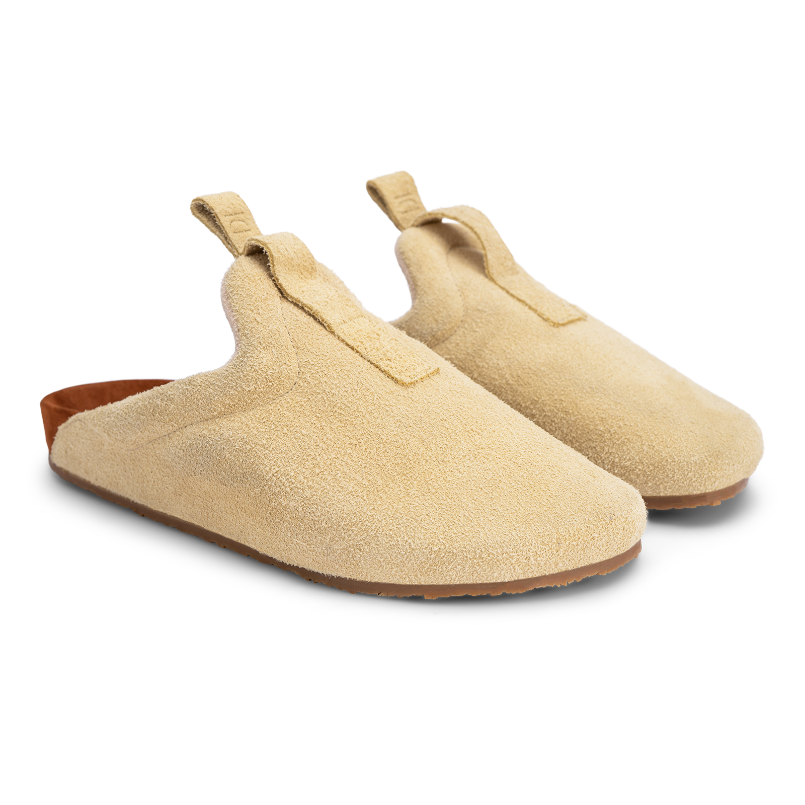 top 3/4 view beige suede upper, cork midsole wrapped in soft suede, Vibram sheet gum rubber outsole