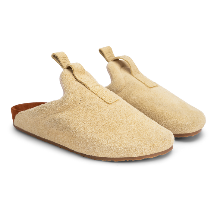top 3/4 view beige suede upper, cork midsole wrapped in soft suede, Vibram sheet gum rubber outsole
