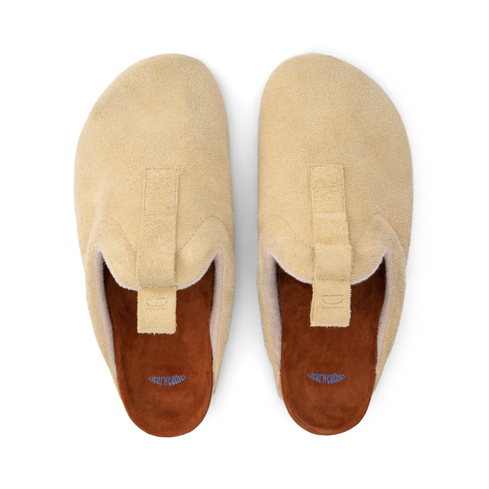 top view beige suede upper, cork midsole wrapped in soft suede, Vibram sheet gum rubber outsole