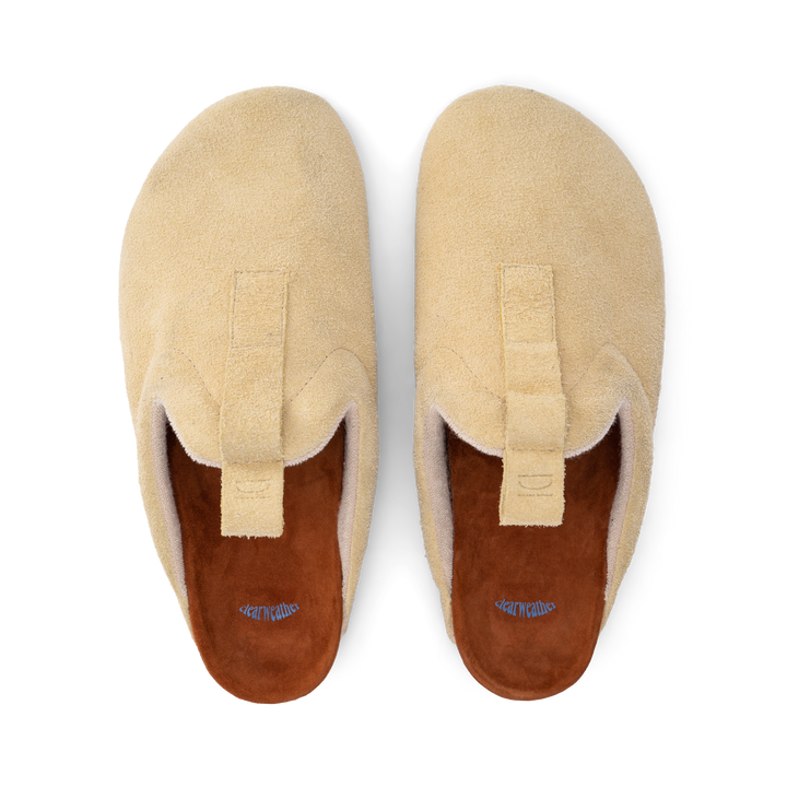 top view beige suede upper, cork midsole wrapped in soft suede, Vibram sheet gum rubber outsole