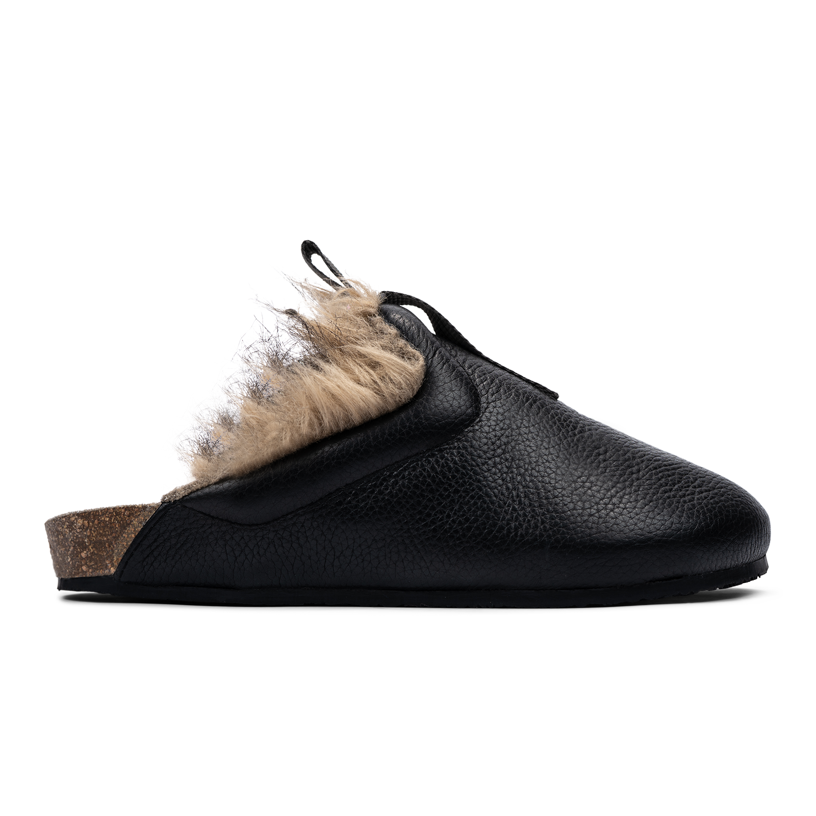 Himalaya profile shot Side view / Bantha Himalya is a Mule with faux fur lining. - Black tumbled leather upper and vibram sheet rubber bottom.