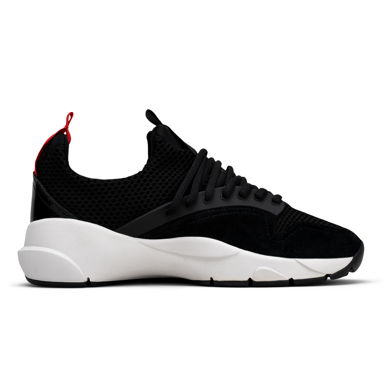 Inside view. Cloudstryk Advantage is a runner with Black patent leather and suede overlays zoom mesh underlays, red heel pull molded lace holder, white eva midsol and a translucent black rubber outsole.