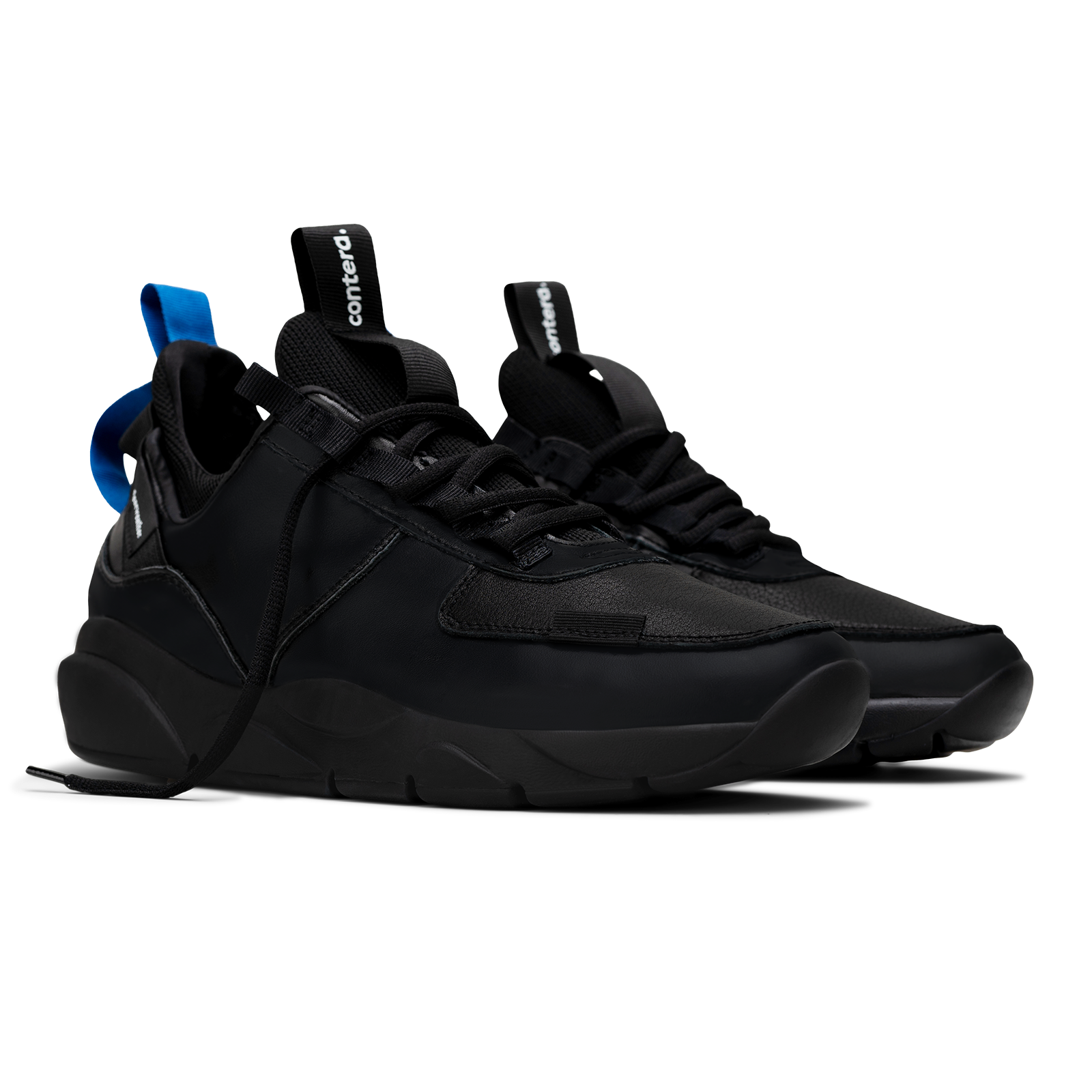 3/4 view,  Contera Black is a runner with Tumbled Black fullgrain leather overlays Black stretch mesh underlays, Royal Blue heel pull molded lace holder, Black eva midsole and Black rubber outsole.