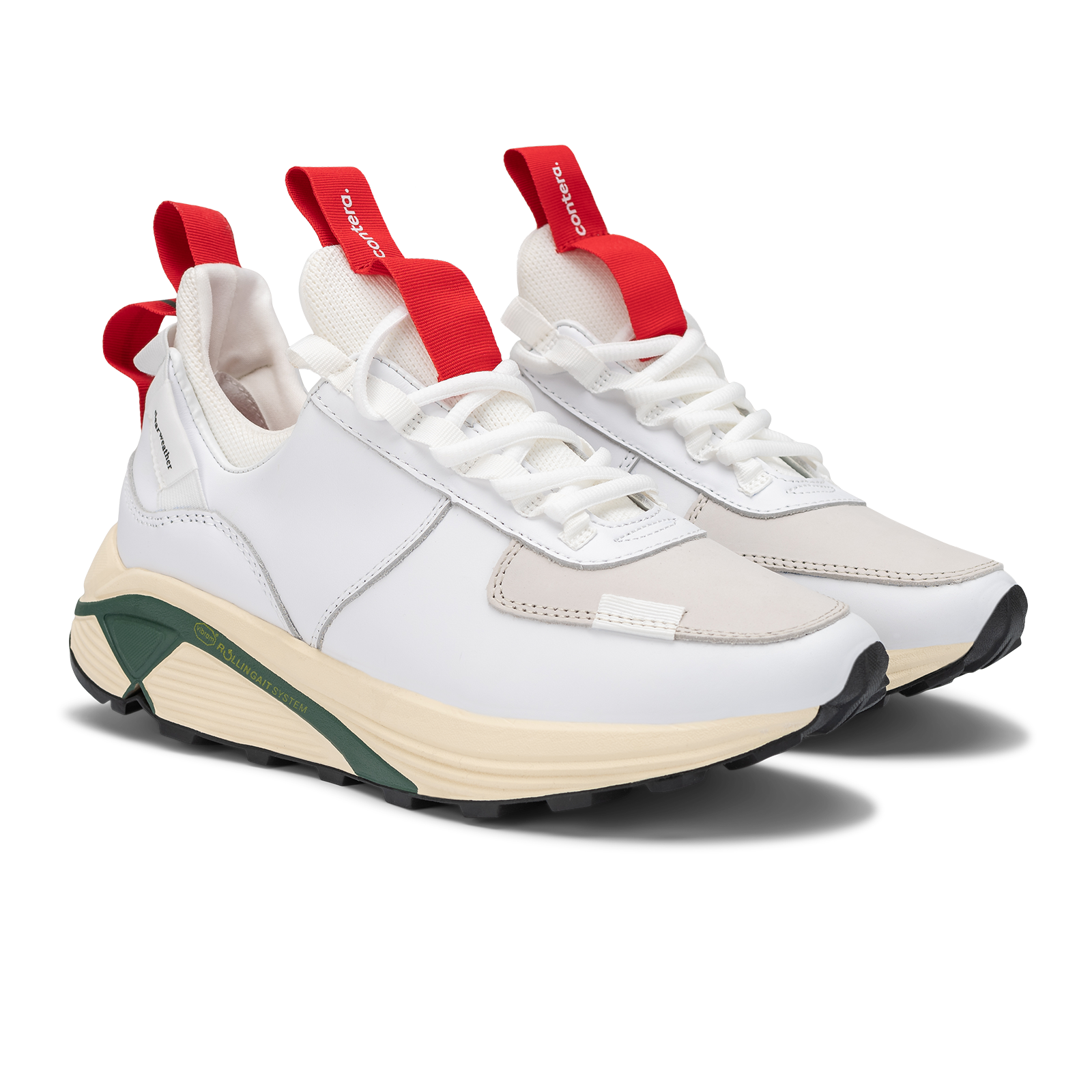 Top 3/4 view, Contera Cloud Forest is a runner with White fullgrain and Nubuck leather overlays White stretch mesh underlays, Red webbing heel and tongue pull, webbing lace system gream and green Virbam midsole and black vibram rubber outsole.