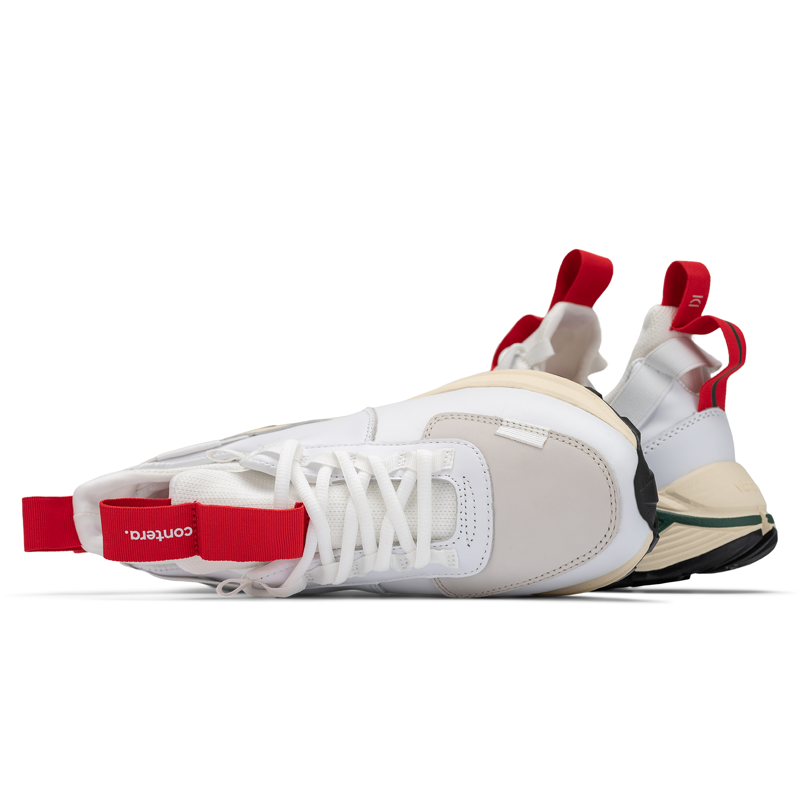 Top and back vew, Contera Cloud Forest is a runner with White fullgrain and Nubuck leather overlays White stretch mesh underlays, Red webbing heel and tongue pull, webbing lace system gream and green Virbam midsole and black vibram rubber outsole.