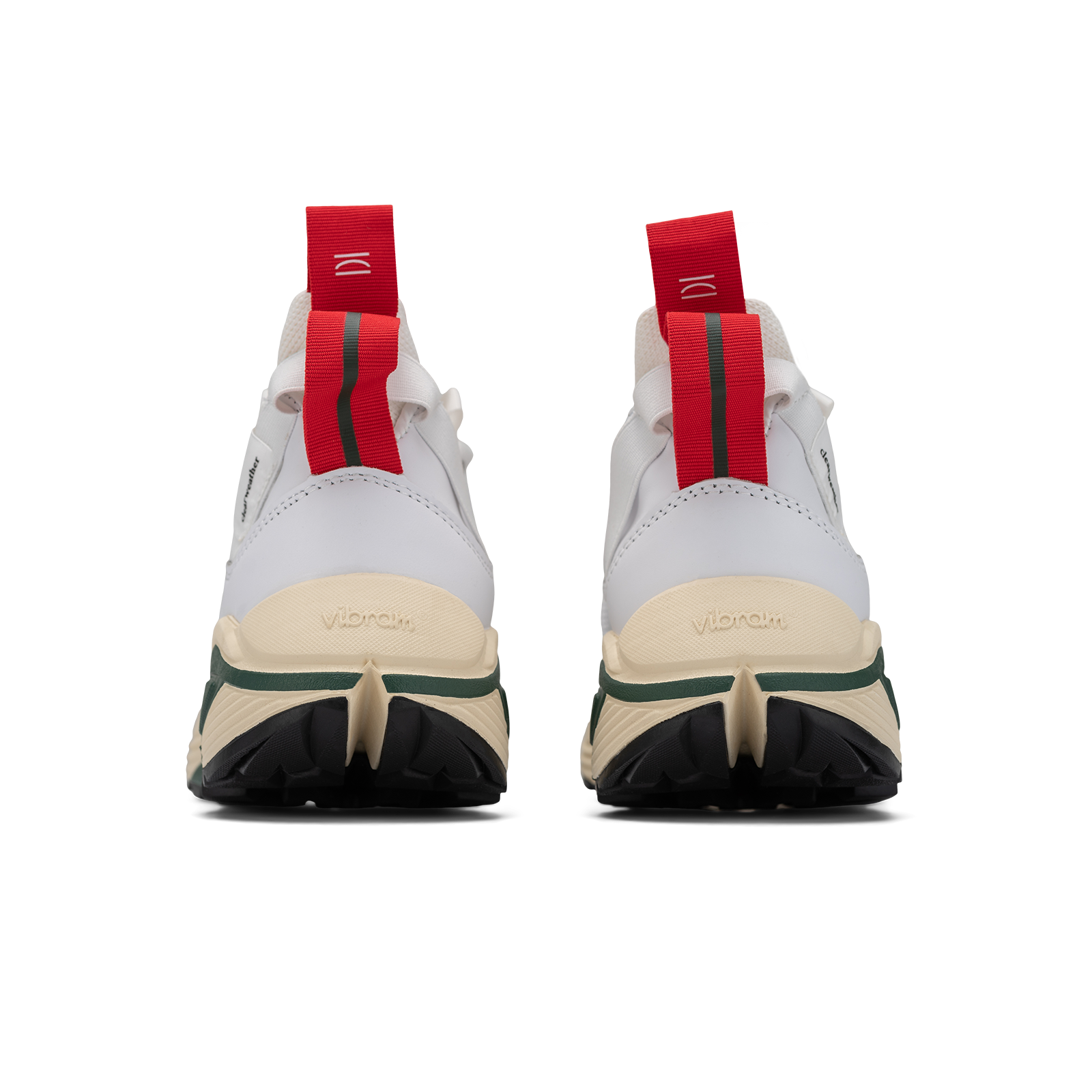 Back view, Contera Cloud Forest is a runner with White fullgrain and Nubuck leather overlays White stretch mesh underlays, Red webbing heel and tongue pull, webbing lace system gream and green Virbam midsole and black vibram rubber outsole.