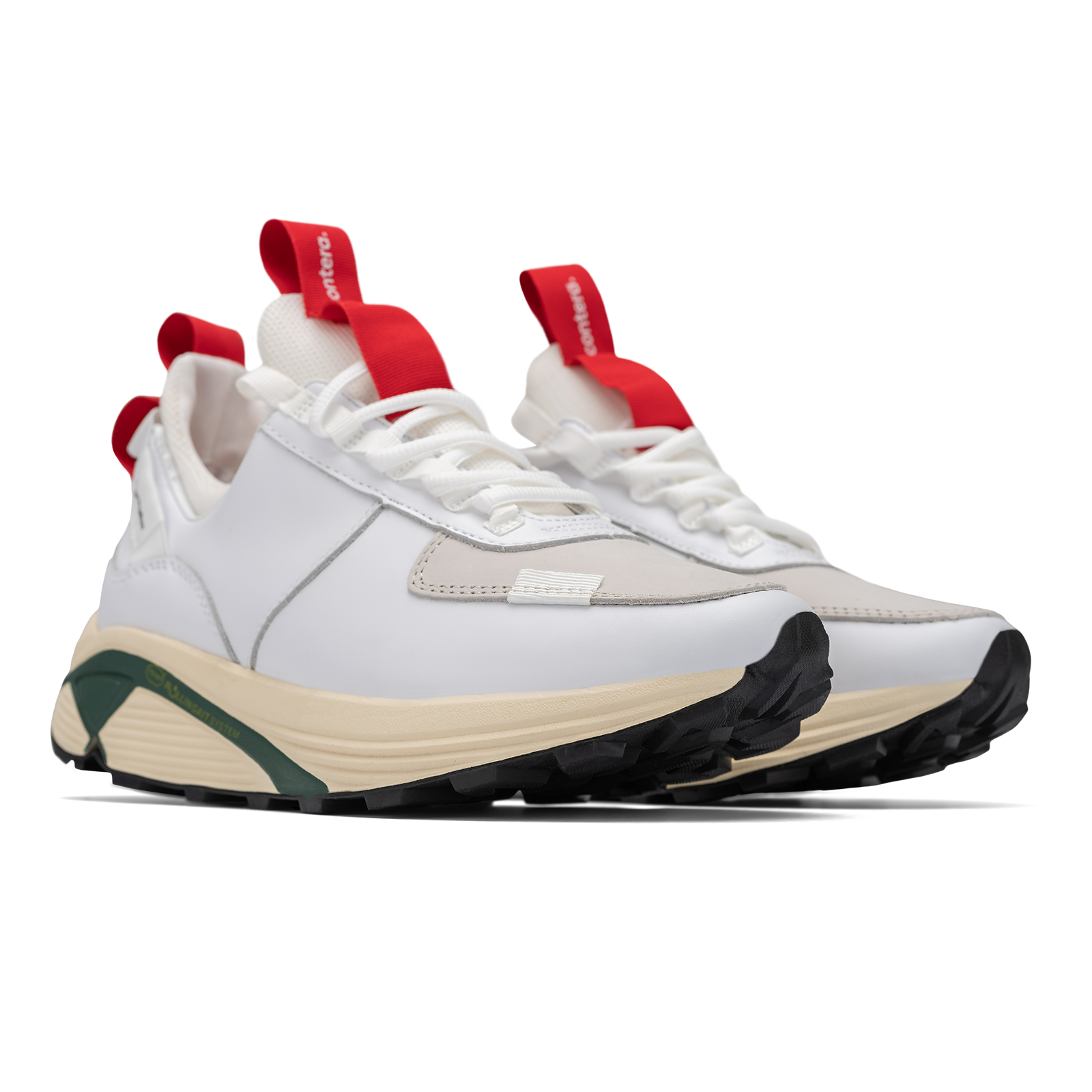 3/4 front view, Contera Cloud Forest is a runner with White fullgrain and Nubuck leather overlays White stretch mesh underlays, Red webbing heel and tongue pull, webbing lace system gream and green Virbam midsole and black vibram rubber outsole.