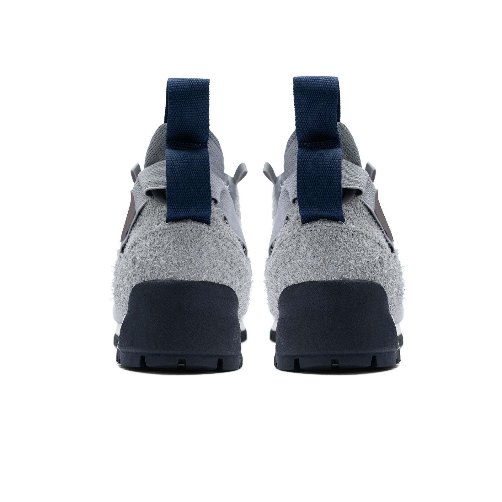 back view / Approach / Lunar color features Light Grey colored hairy suede upper, gross grain webbing for laces. helastic heel detail, stretch mesh internal bootie, vintrage vibram hiking outsole and eva midsole.