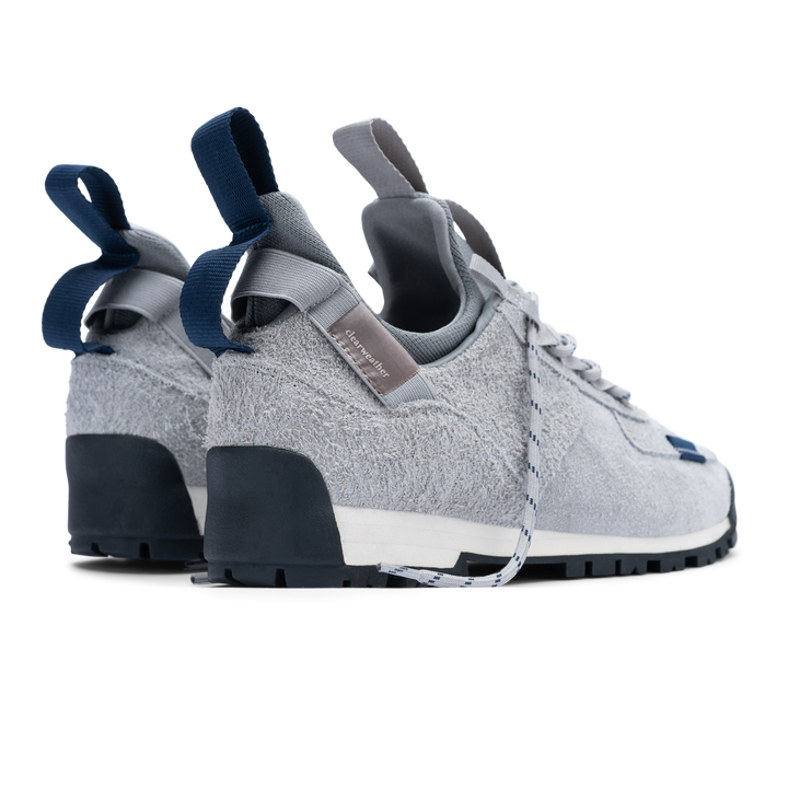 back 3/4 view  / Approach / Lunar color features Light Grey colored hairy suede upper, gross grain webbing for laces. helastic heel detail, stretch mesh internal bootie, vintrage vibram hiking outsole and eva midsole.