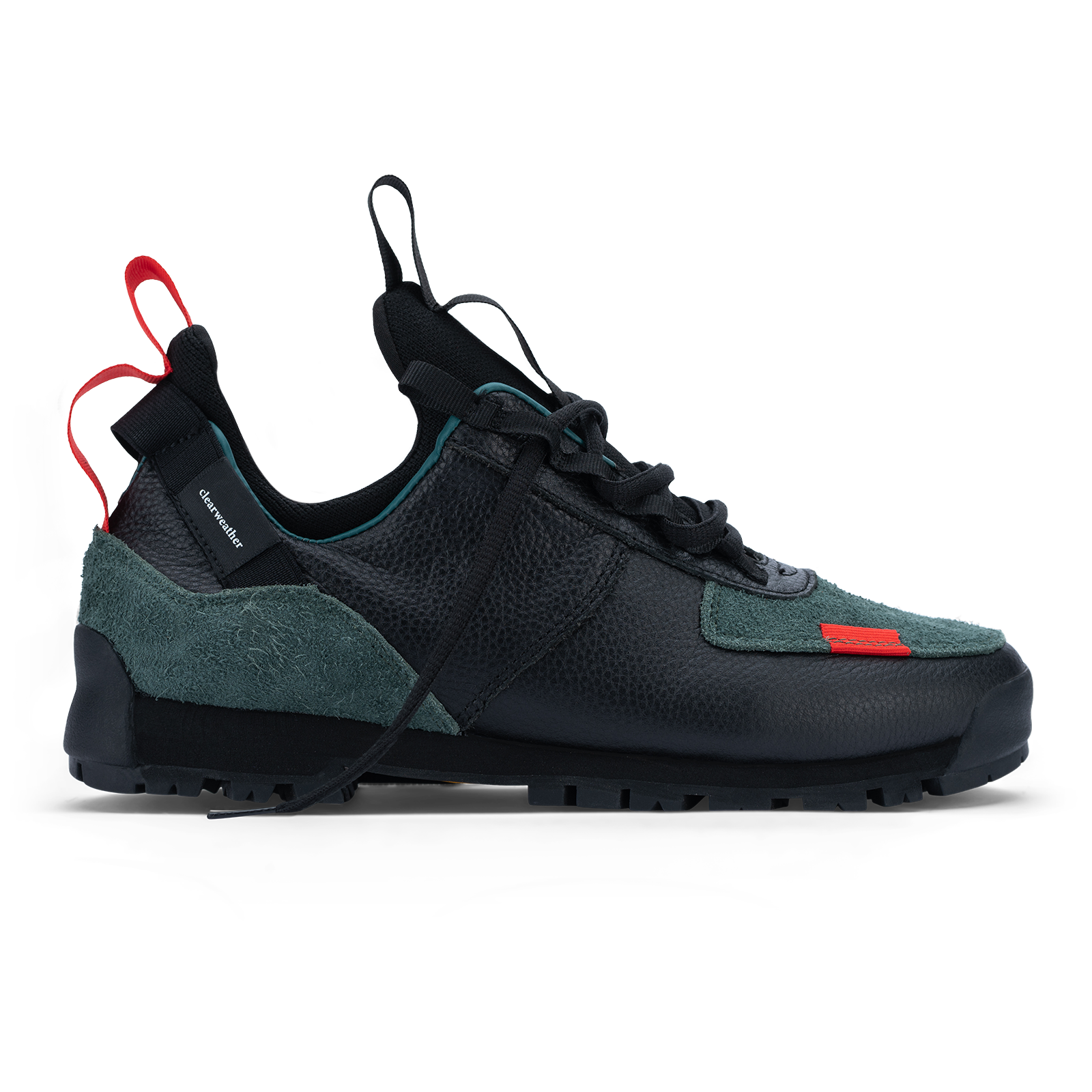 profile shot  / Approach / Sage color features Black fullgrain leahter and Green hairy suede upper, gross grain webbing for laces. helastic heel detail, stretch mesh internal bootie, vintrage vibram hiking outsole and eva midsole.
