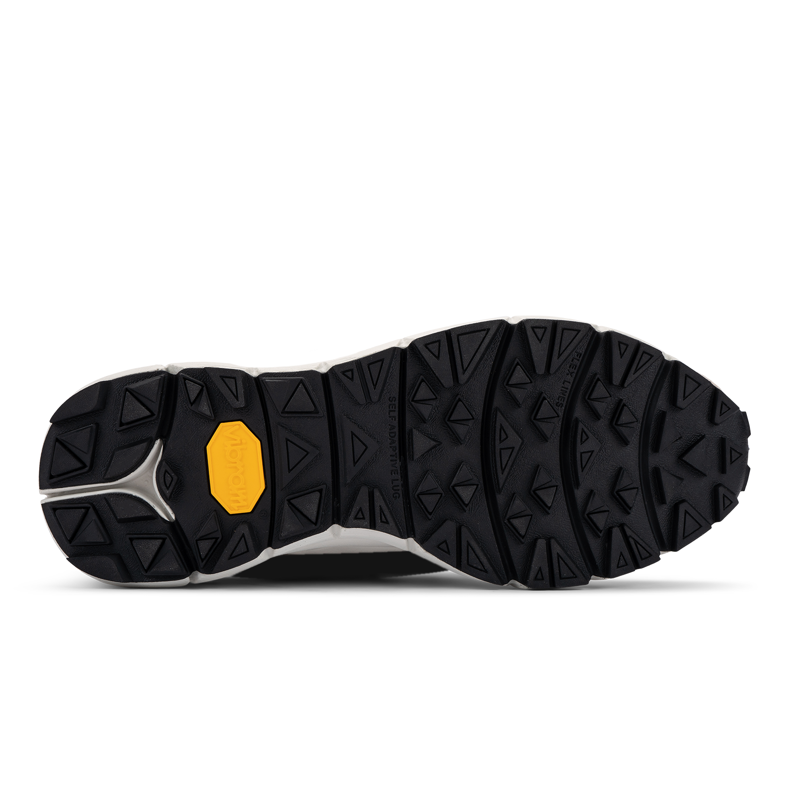 vibram self adaptive rubber lug technology. Black outsole white midsole yellow vibram crest logo