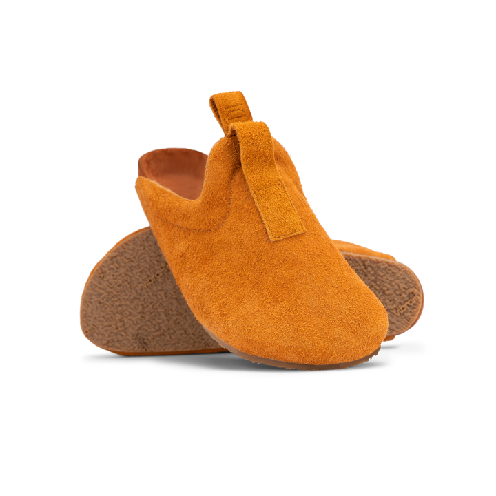 Stylized shot Brownish Orange suede upper, cork midsole wrapped in soft suede, Vibram sheet gum rubber outsole