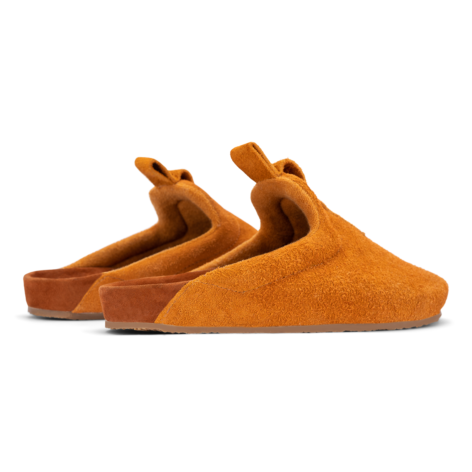 Back 3/4 view Brownish Orange suede upper, cork midsole wrapped in soft suede, Vibram sheet gum rubber outsole