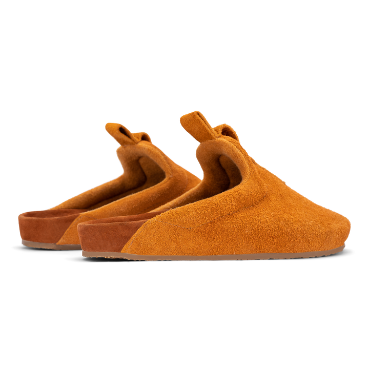 Back 3/4 view Brownish Orange suede upper, cork midsole wrapped in soft suede, Vibram sheet gum rubber outsole