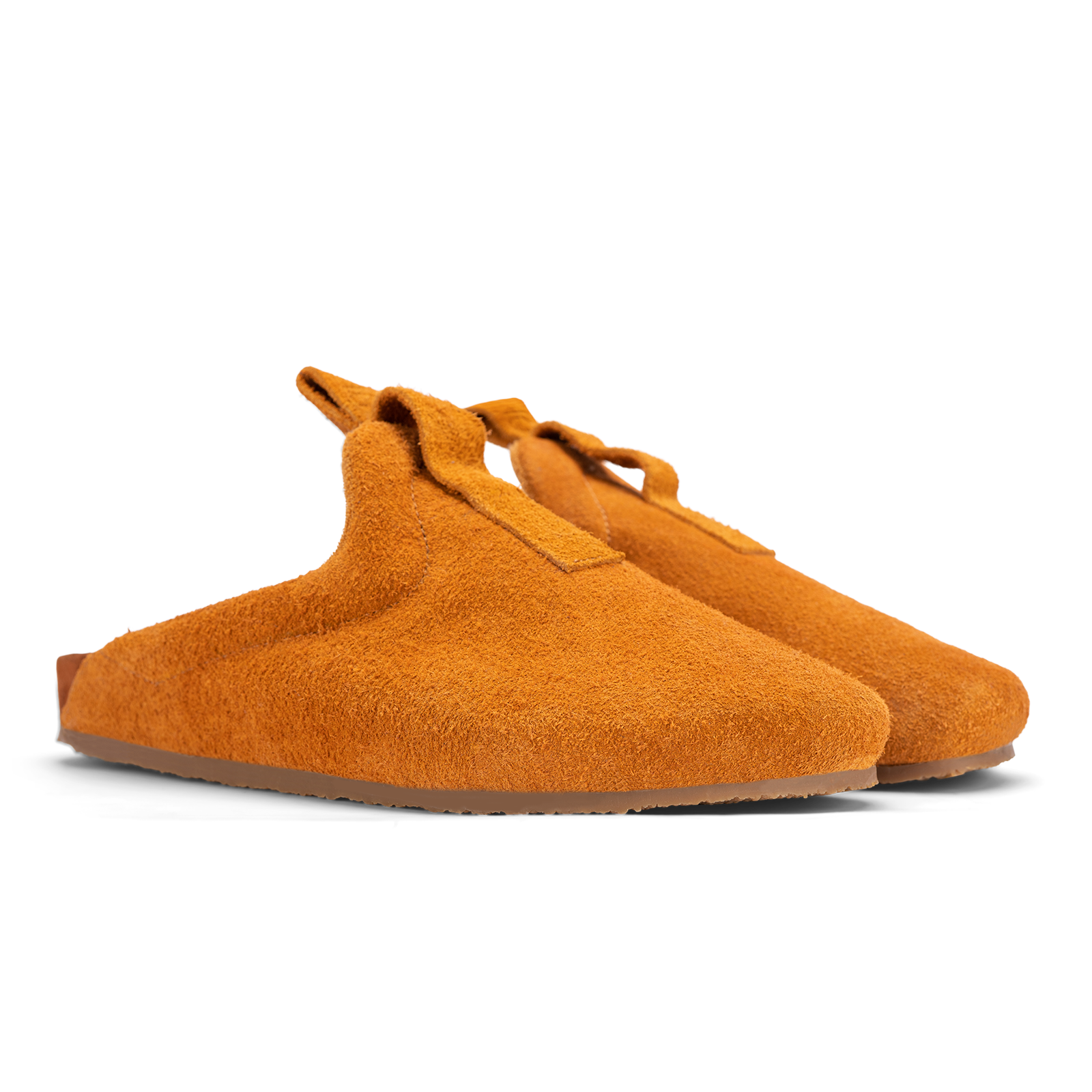 3/4 view Brownish Orange suede upper, cork midsole wrapped in soft suede, Vibram sheet gum rubber outsole