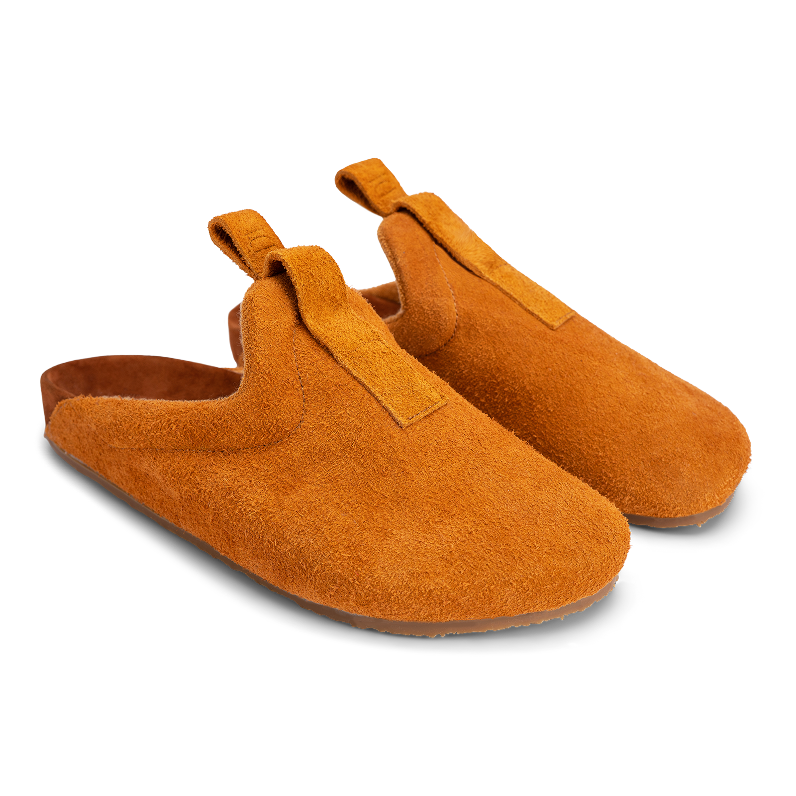 top 3/4 view Brownish Orange suede upper, cork midsole wrapped in soft suede, Vibram sheet gum rubber outsole