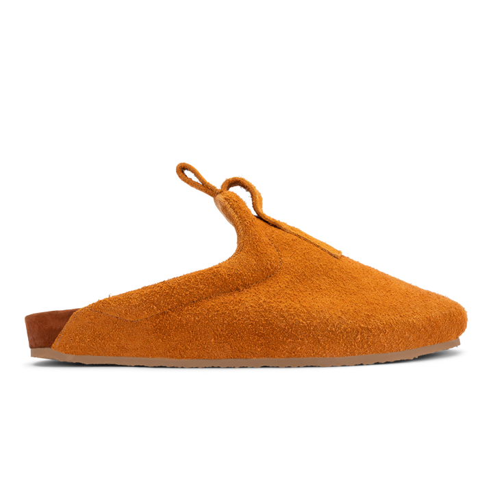 profile view profile view Brownish Orange suede upper, cork midsole wrapped in soft suede, Vibram sheet gum rubber outsole