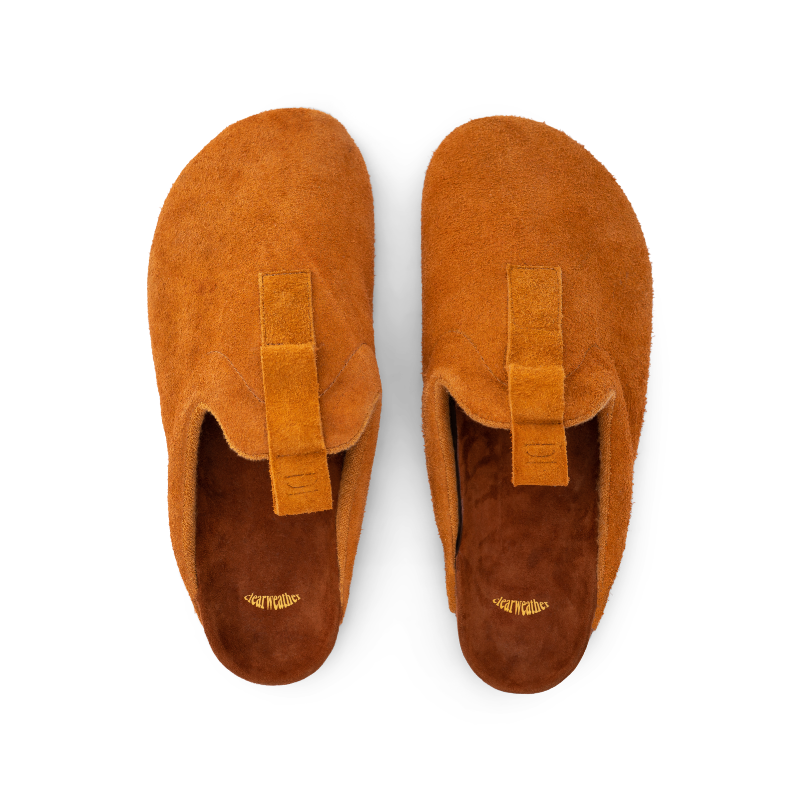 top view Brownish Orange suede upper, cork midsole wrapped in soft suede, Vibram sheet gum rubber outsole