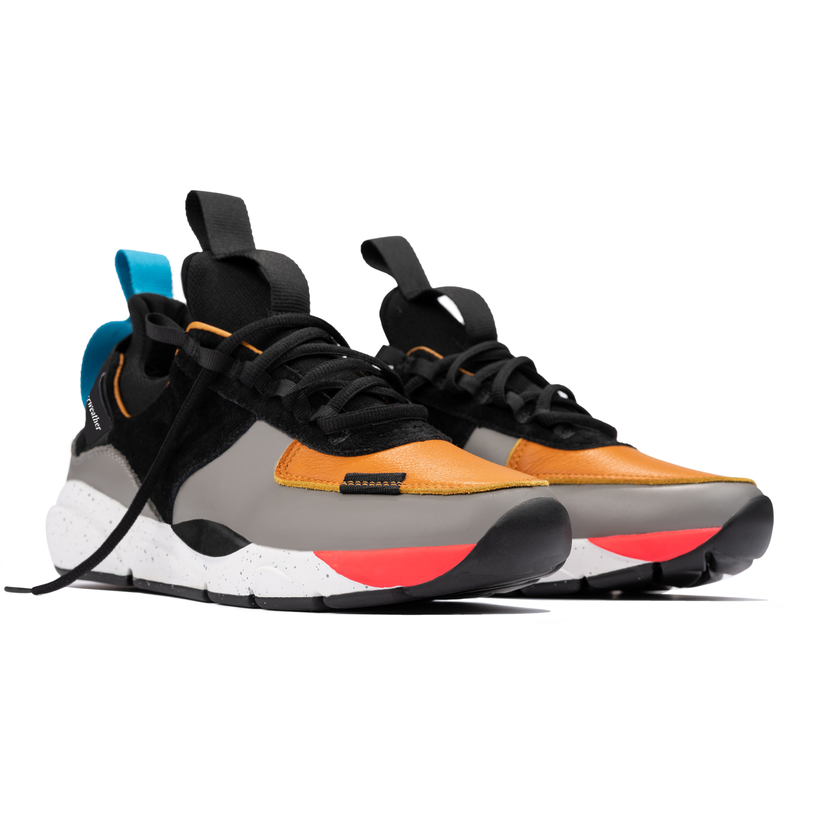 Front 3/4 view, The Contera Kalahari is a Runner with grey leather black suede and tabaco orange leather, Blue webbing heel pull, Black webbin tongue pull, Black webbing lace system, painted eva midsole ande black rubber outsole.