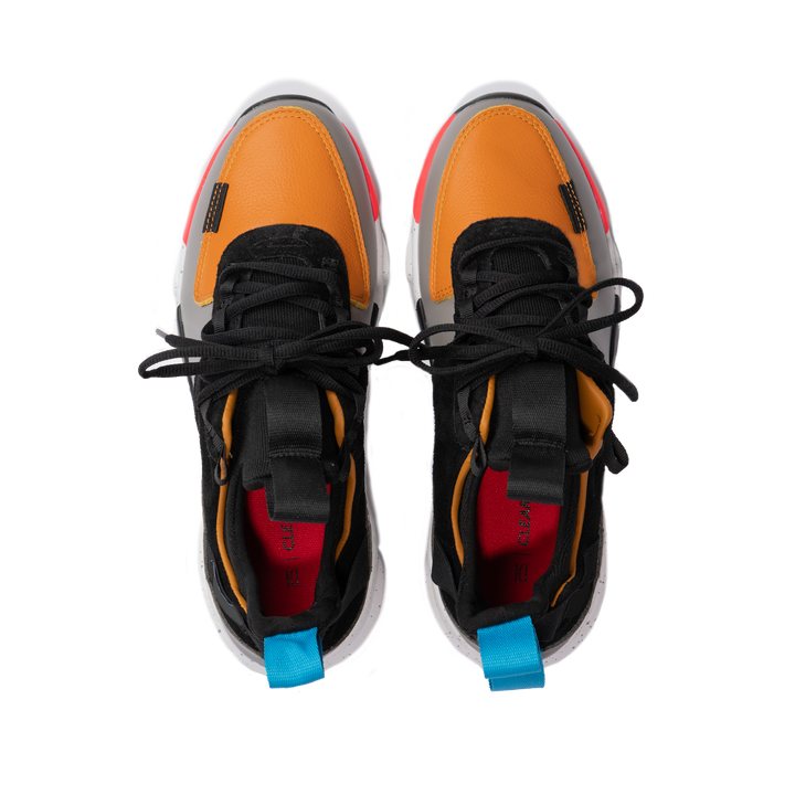 Top view, The Contera Kalahari is a Runner with grey leather black suede and tabaco orange leather, Blue webbing heel pull, Black webbin tongue pull, Black webbing lace system, painted eva midsole ande black rubber outsole.
