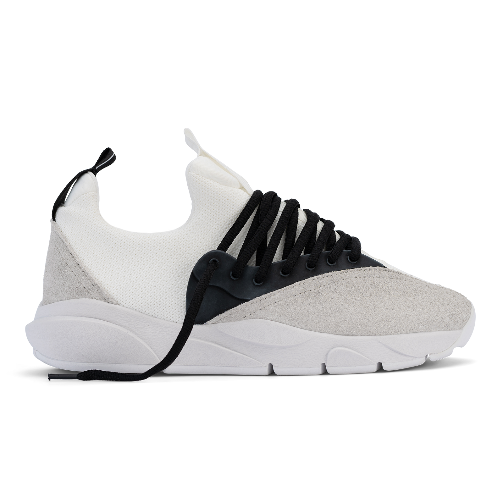 Profile view, Cloudstryk Fairbanks is a runner with White suede overlays white stretch mesh underlays, Black heel pull molded lace holder, white eva midsol and white rubber outsole.