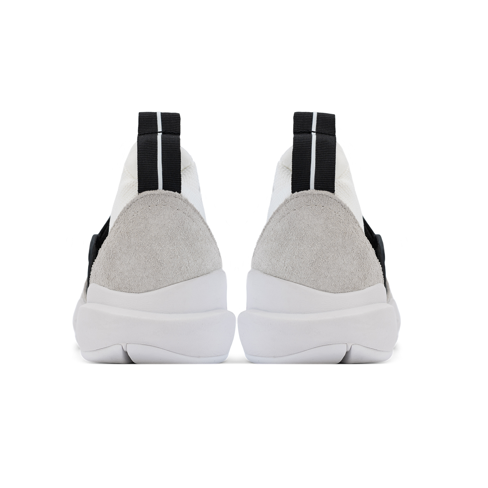 Back view, Cloudstryk Fairbanks is a runner with White suede overlays white stretch mesh underlays, Black heel pull molded lace holder, white eva midsol and white rubber outsole.