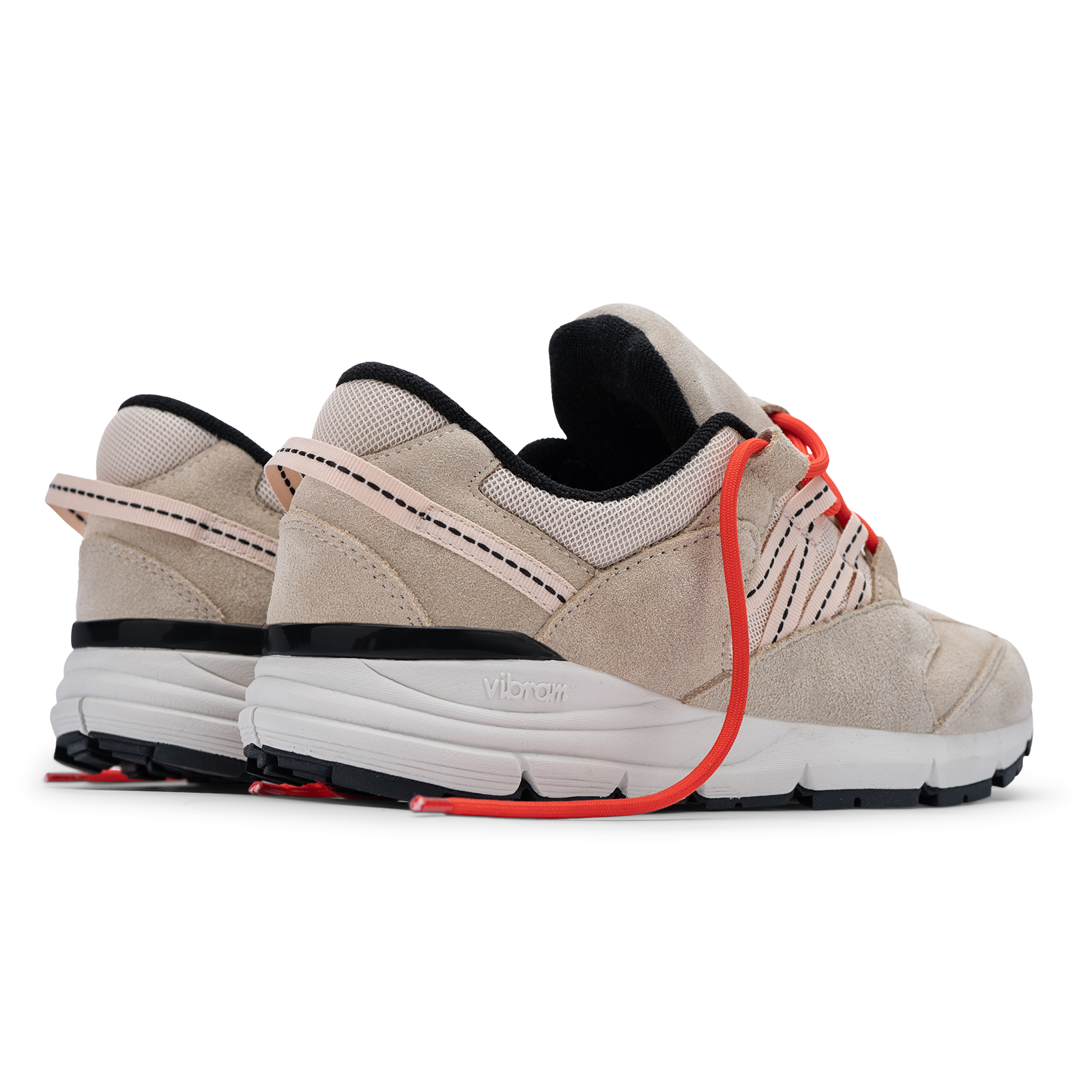 Altiutude / Safari back 3/4 view khaki suede / air mesh / webbing lace holder with orange lace on a vibram sole