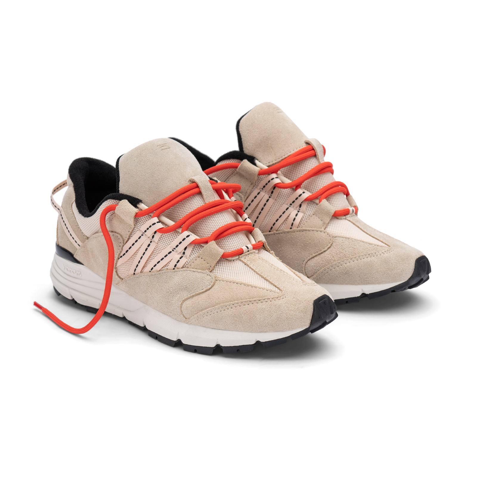Altiutude / Safari front 3/4 view khaki suede / air mesh / webbing lace holder with orange lace on a vibram sole
