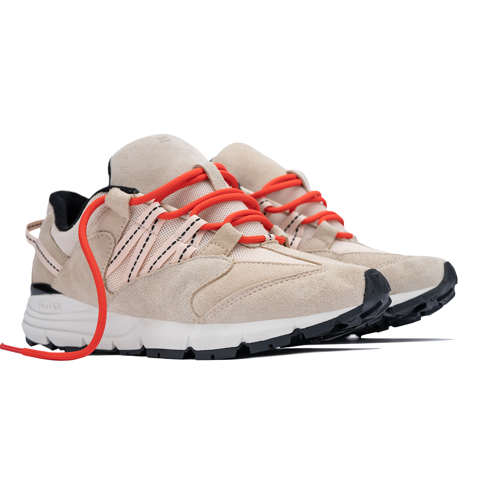 Altiutude / Safari front 3/4 view khaki suede / air mesh / webbing lace holder with orange lace on a vibram sole