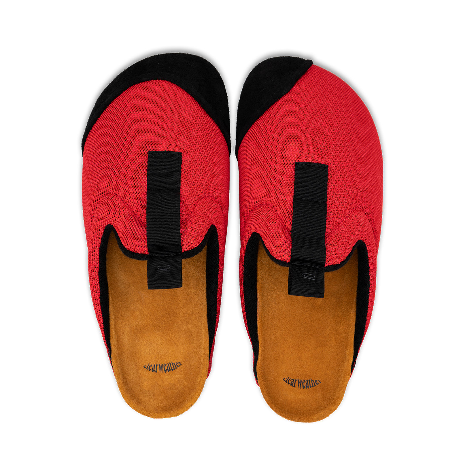 top view antha 2.0 Red is a Mule made of red mesh with a Black hairy suede to overlay, cork midsole with suede top lining Black VIbram rubber bottom and woven top pull