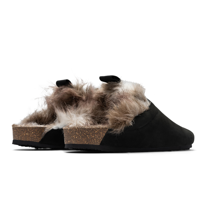 back 3/4 viewBantha Artic Tunder is a Mule with faux fur lining. - Black smooth nubuck cork midsole and vibram sheet rubber bottom. 
