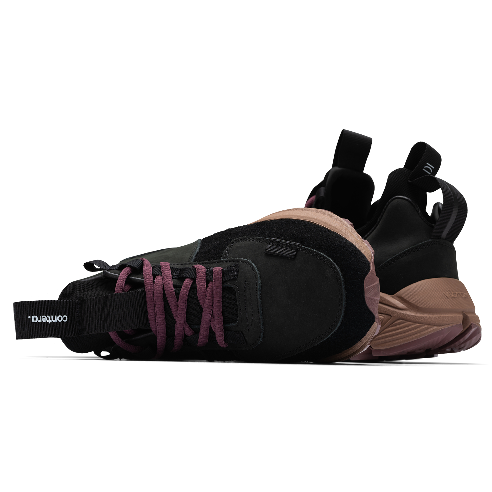 Top and back view, Contera Iron Oxide is a runner with Black suede and numbuck upper, stretch mesh internal bootie, webbing heel and tongue pulls, webbing lace holder, brown vibram midsole burgundy vibram rubber bottom.
