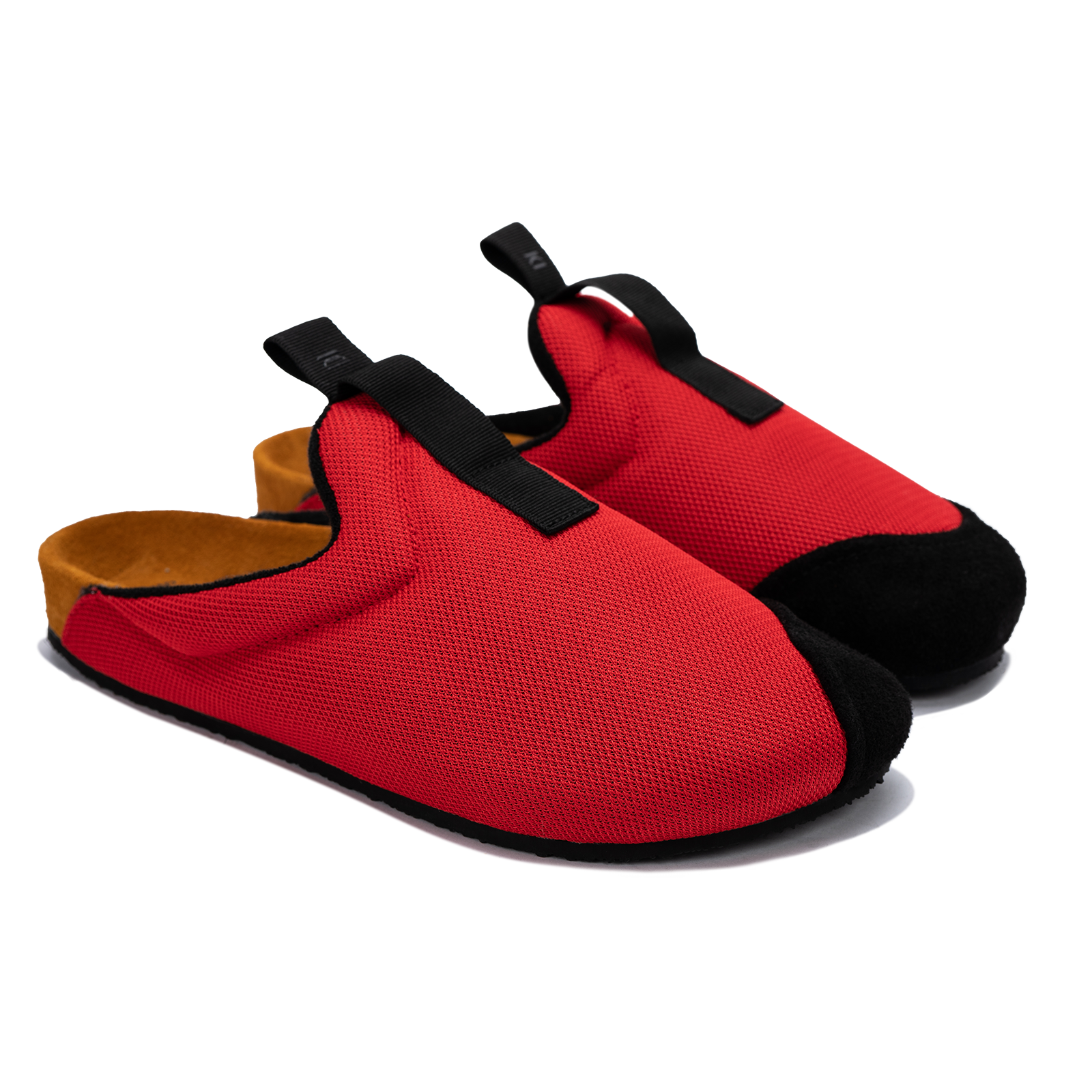 3/4 view antha 2.0 Red is a Mule made of red mesh with a Black hairy suede to overlay, cork midsole with suede top lining Black VIbram rubber bottom and woven top pull