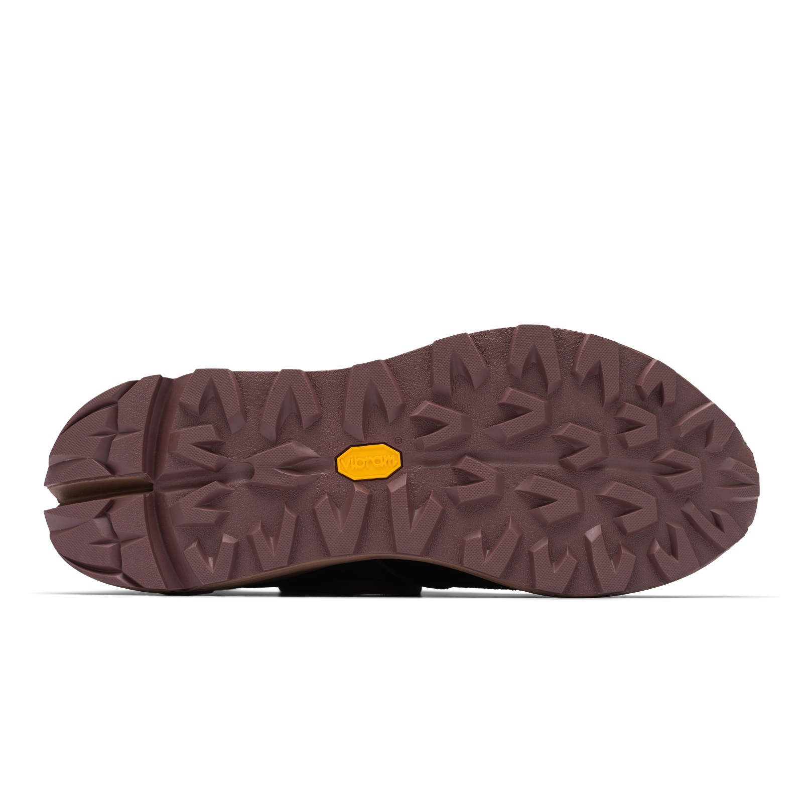 Bottom view, Contera Iron Oxide is a runner with Black suede and numbuck upper, stretch mesh internal bootie, webbing heel and tongue pulls, webbing lace holder, brown vibram midsole burgundy vibram rubber bottom.