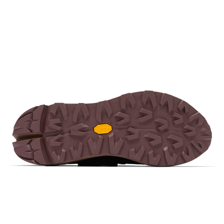 Bottom view, Contera Iron Oxide is a runner with Black suede and numbuck upper, stretch mesh internal bootie, webbing heel and tongue pulls, webbing lace holder, brown vibram midsole burgundy vibram rubber bottom.