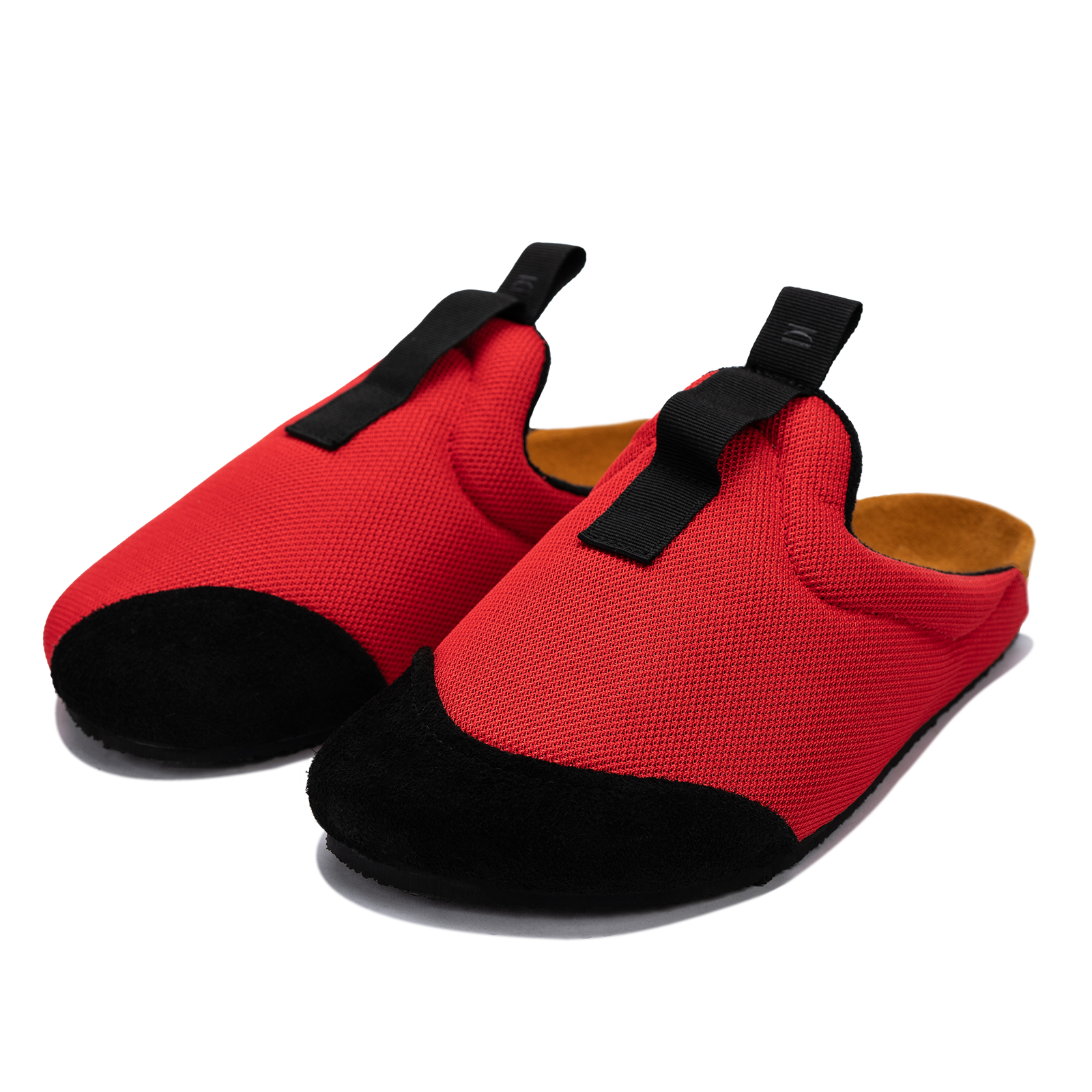 other 3/4 view antha 2.0 Red is a Mule made of red mesh with a Black hairy suede to overlay, cork midsole with suede top lining Black VIbram rubber bottom and woven top pull