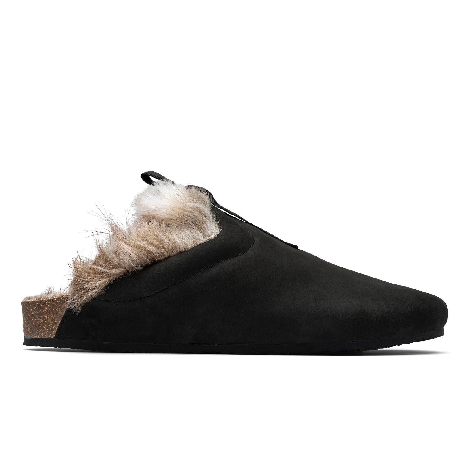Side view / Bantha Artic Tunder is a Mule with faux fur lining.  - Black smooth nubuck cork midsole and vibram sheet rubber bottom. 